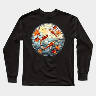 Stained Glass Red Koi Fish and Autumn Leaves Long Sleeve T-Shirt